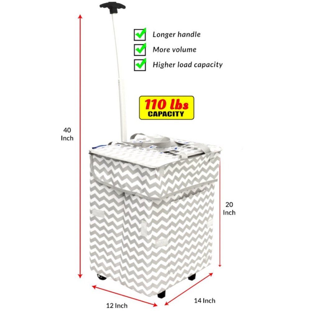 🆕 Collapsible Folding Rolling Cart w/ Retractable Handle ~ Colour: GRAY CHEVRON